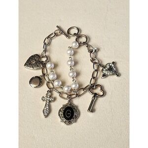 35 Yr GUESS Charm Bracelet Tiny Locket‎ Cross Lock Key Crystal Heart Faux Pearls